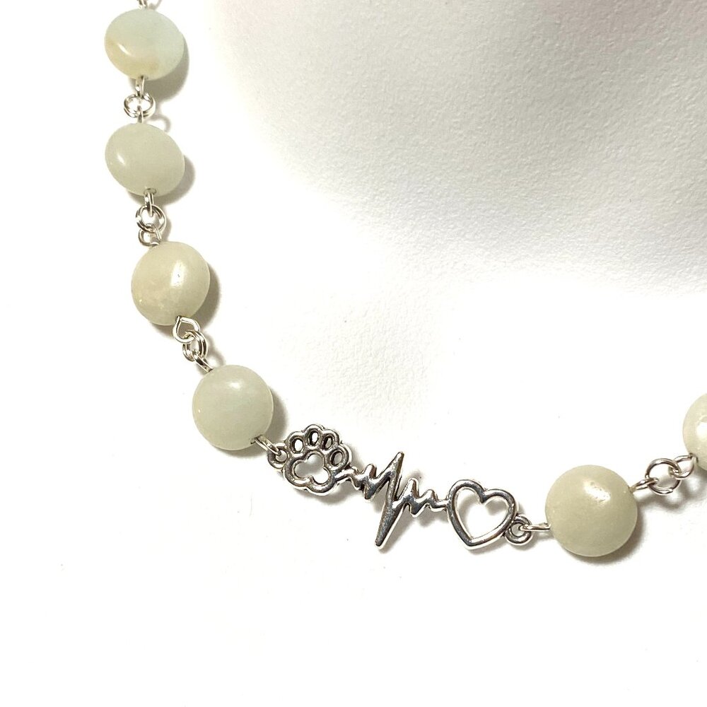 Genuine Pale Green Serpentine Short Necklace, Gemstone & Paw Print Heart Beat